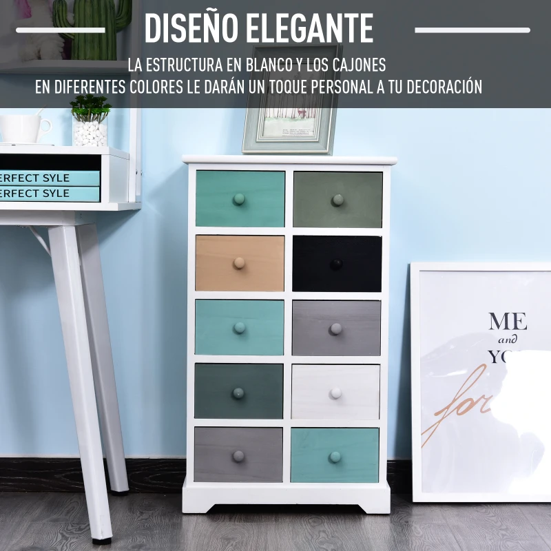 HOMCOM Armario Auxiliar 10 Cajones 45x28x75cm Cajonera Multicolor Comoda Casa Oficina