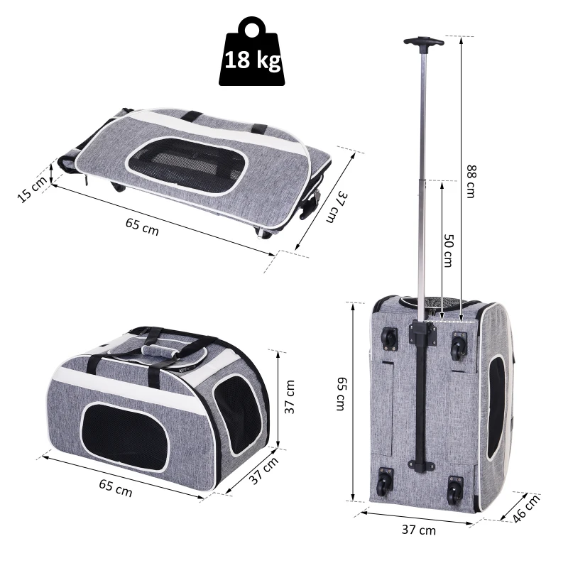 PawHut Transportin Carrito Perro 2 en 1 Mochila Carrito Plegable 65x37x46cm Mascotas Perro Gato