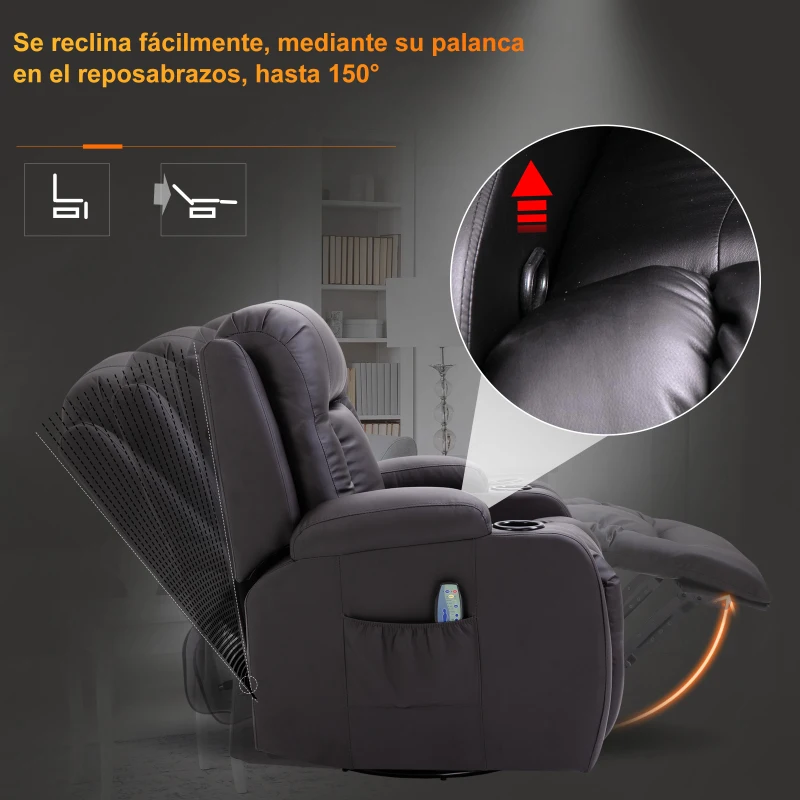 HOMCOM Sillón de Masaje Reclinable Hasta 150° Silla para Relajación con 8 Puntos de Masaje Vibrante Función de Calefacción Lumbar 90x93x103cm