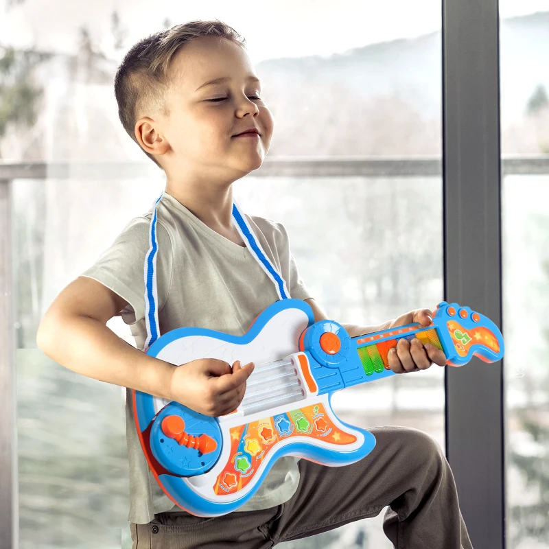 HOMCOM 4 EN 1 Guitarra Infantil Juguete Electrónico Musical Convertible en Piano Tambor Proyector con Luces Sonidos Juguete Instrumento Educativo Regalo para Niños +3 Años