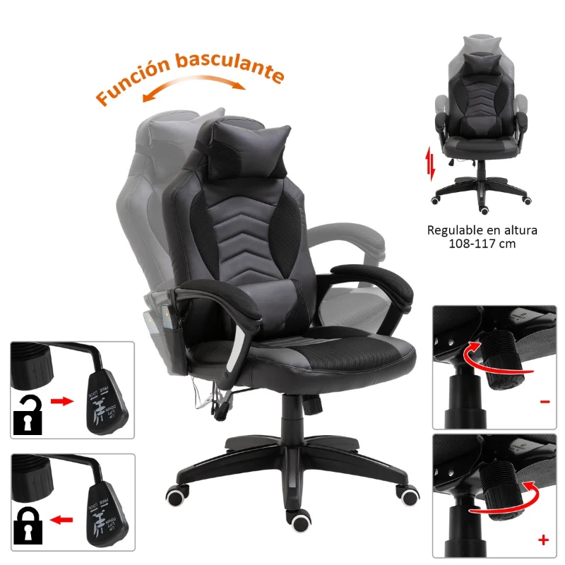 HomCom® Silla de Oficina Gaming con 6 Puntos de Masaje y Calefacción 2 Almohadas con Mando a Distancia 68x69x108-117cm Negro