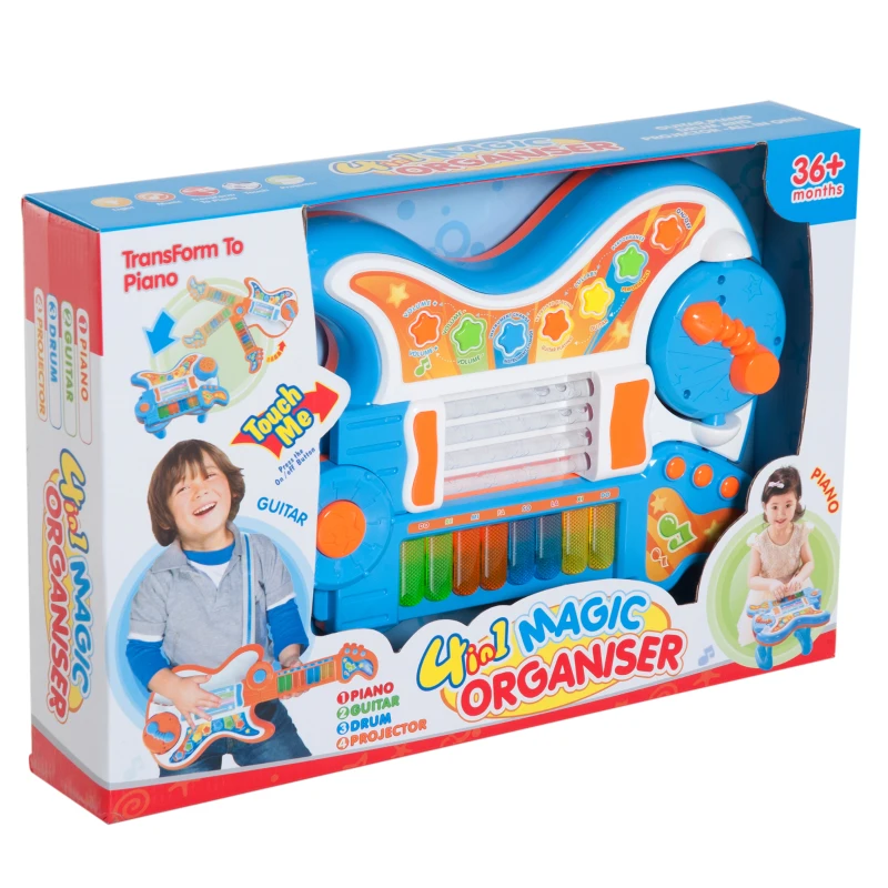 HOMCOM 4 EN 1 Guitarra Infantil Juguete Electrónico Musical Convertible en Piano Tambor Proyector con Luces Sonidos Juguete Instrumento Educativo Regalo para Niños +3 Años