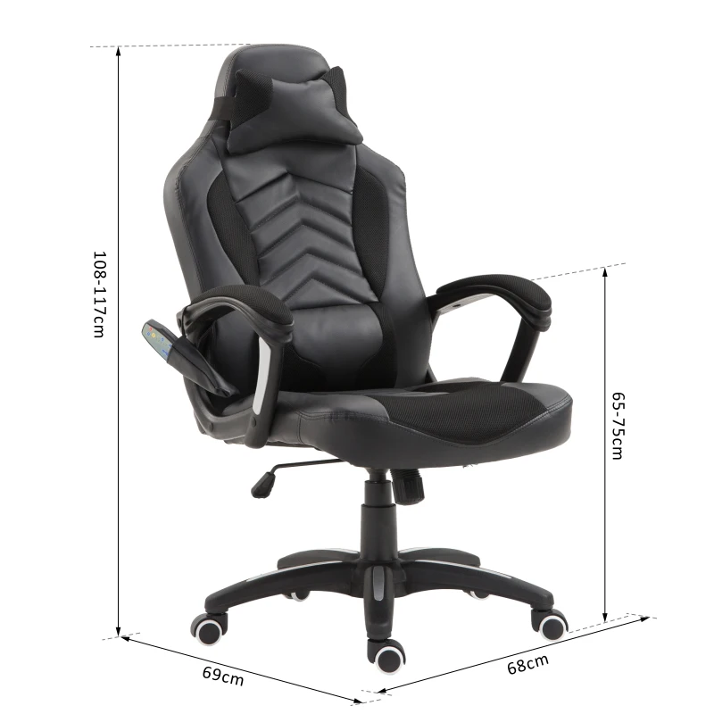 HomCom® Silla de Oficina Gaming con 6 Puntos de Masaje y Calefacción 2 Almohadas con Mando a Distancia 68x69x108-117cm Negro