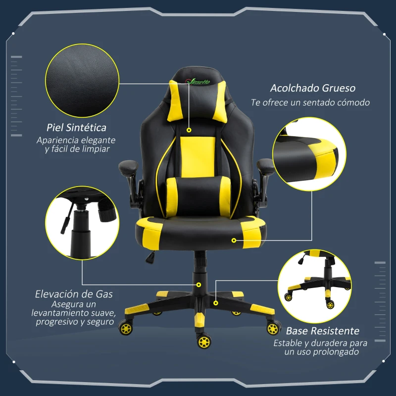Vinsetto Silla Gaming Ergonómica Silla de Oficina Giratoria con Altura y Reposabrazos Ajustables Reposacabezas Cojín Lumbar Cuero Sintético 70x71x114-122 cm Amarillo