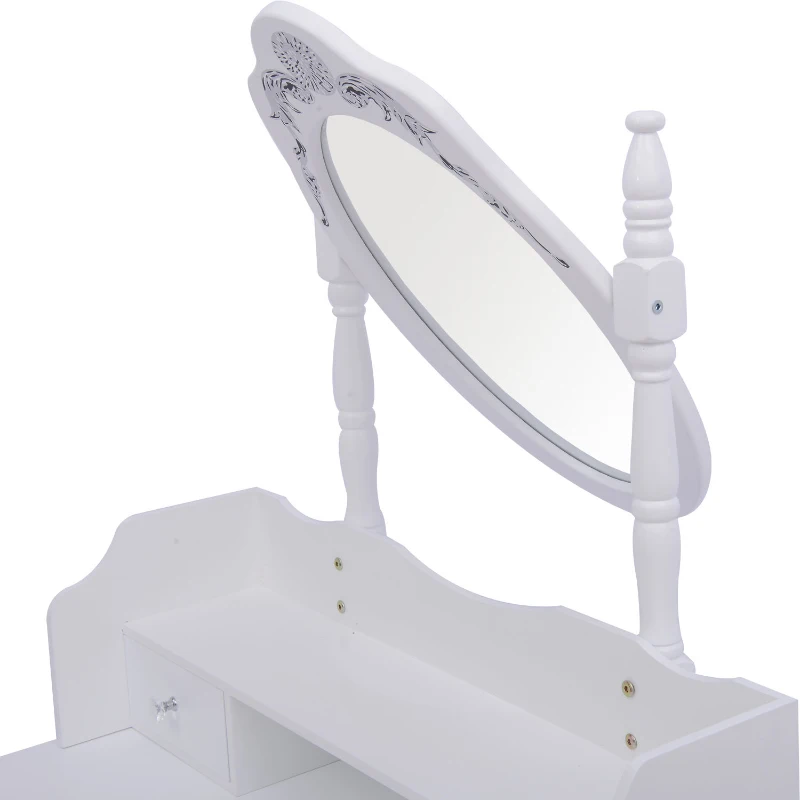 Tocador + Espejo Y Taburete Color Blanco Mueble De Maquillaje Para Dormitorio Con 3 Cajones