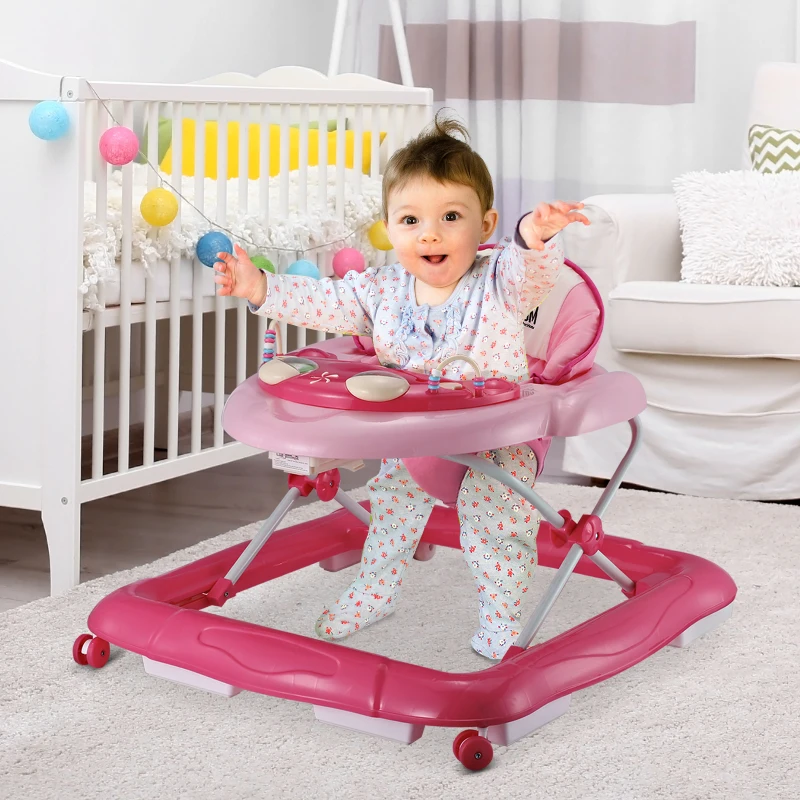 HOMCOM Andador para Bebés Plegable con Freno Andador Bebé Coche con Juguetes y Varilla de Empuje Ajuste de Altura y Caja de Musica 70x65x55cm