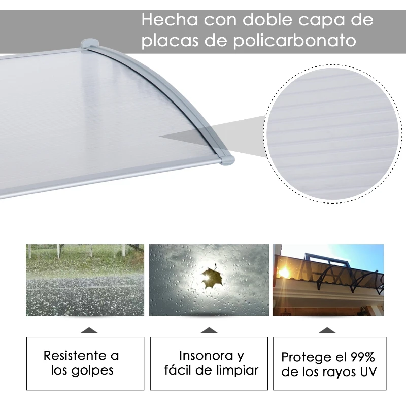 Outsunny Marquesina Techo Canopy para Ventanas Puertas Toldo Dosel Terrazas Placa de Policarbonato 5 mm Transparente Protección contra Sol y Lluvia 140cm