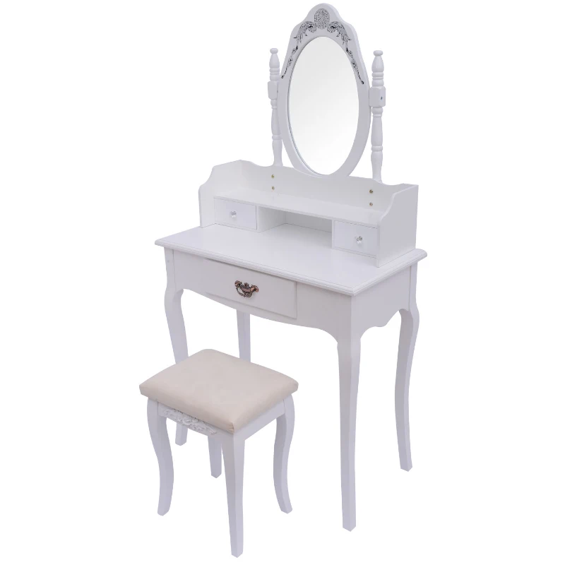Tocador + Espejo Y Taburete Color Blanco Mueble De Maquillaje Para Dormitorio Con 3 Cajones