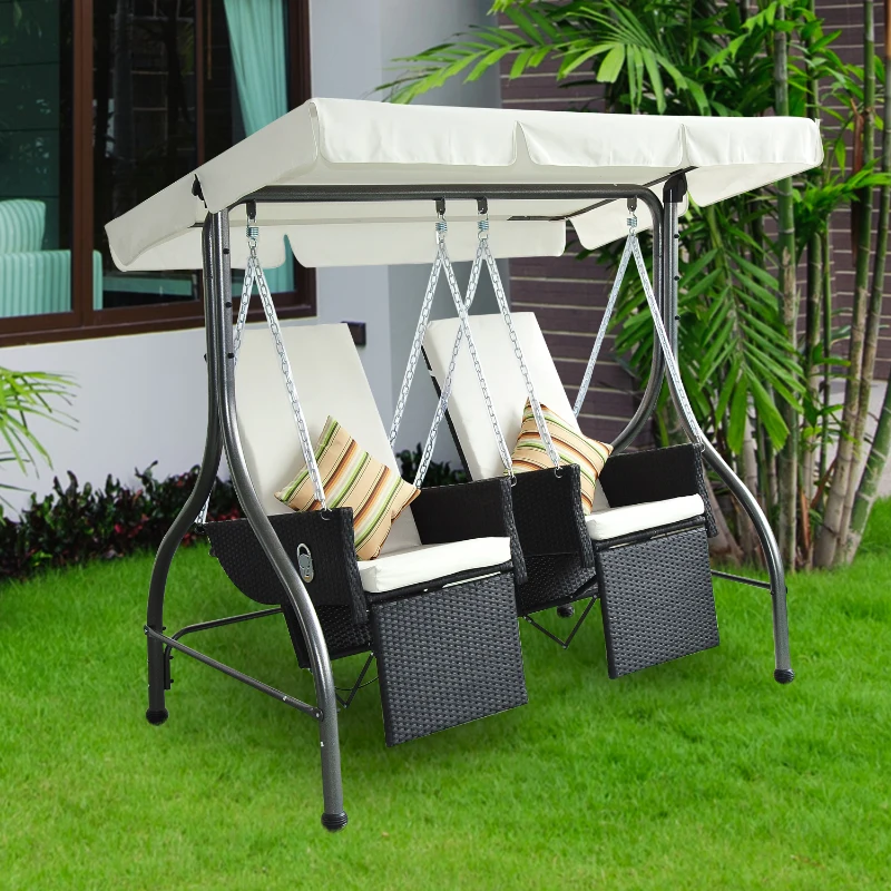 Columpio 2 Plazas 185x120x180cm Mueble Jardin Rattan con Toldo y Cojines