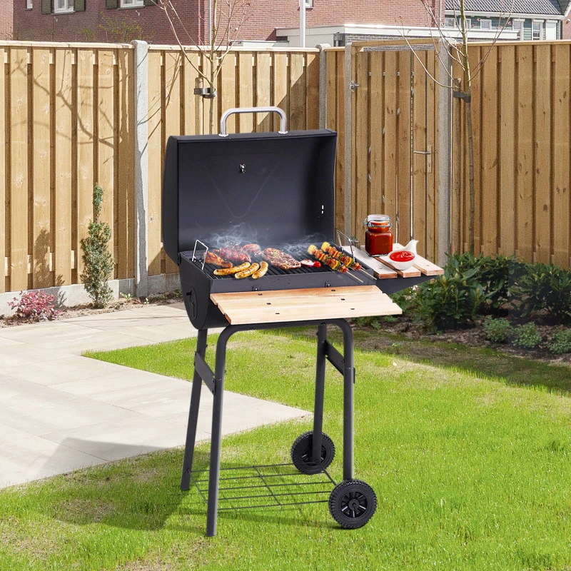 Outsunny Barbacoa de Carbón Vegetal Portátil Parilla de Carbón con Ruedas Parilla Barril Carro de BBQ 72.5x61x102cm Estantes de Madera para Jardín Exterior Picnic Acampada