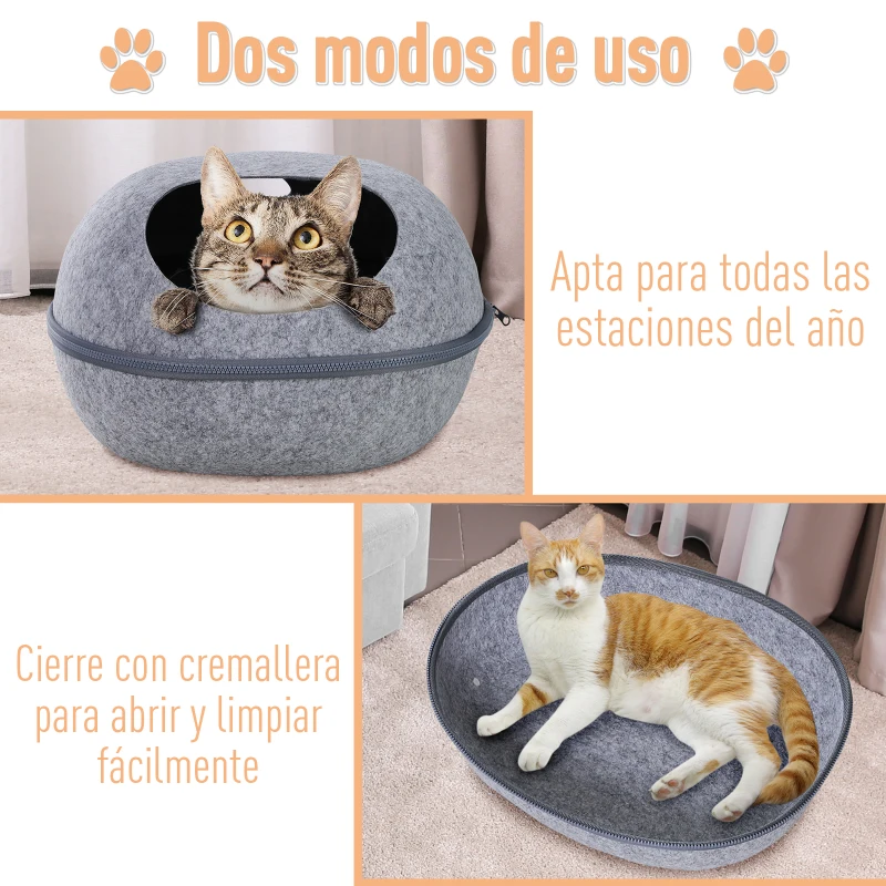PawHut Cueva Gato Cama para Gato de Forma de Cáscara Semi-Cerrado Casa para Gatos Interior Desmontable Fieltro 47x38x24cm