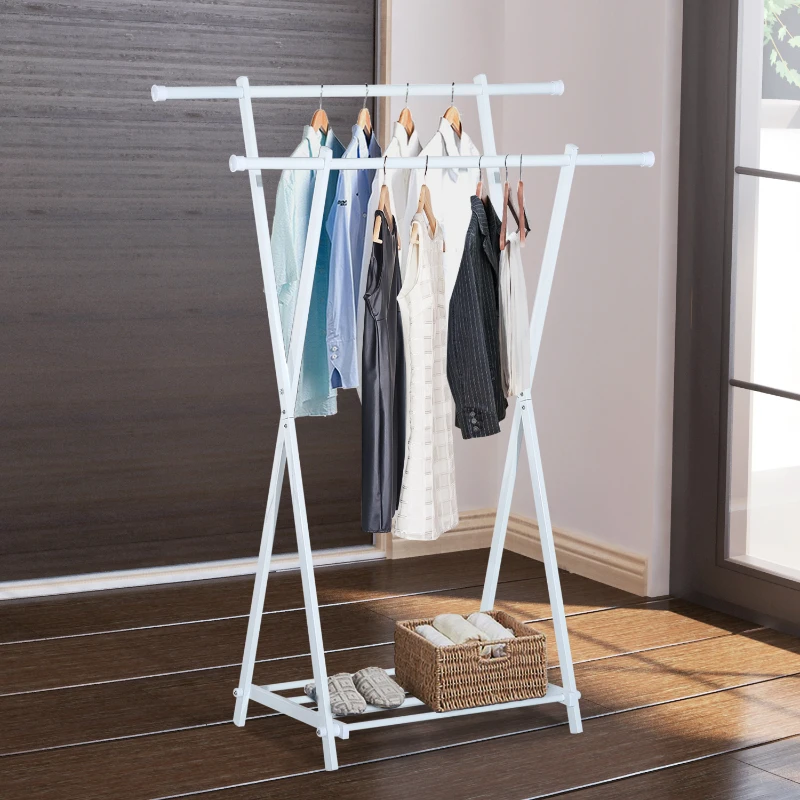 HOMCOM Perchero de Pie en Forma de X con 2 Barras y 1 Estante para Colgar y Secar Ropa de 104.5x48.5x145cm Color Blanco y Material de Metal