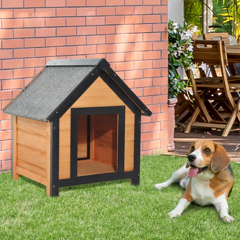 PawHut Caseta de Perro 56x60,5x66cm Madera de Abeto Barnizada Tejado Gris con Techo y 4 Patas Antideslizantes