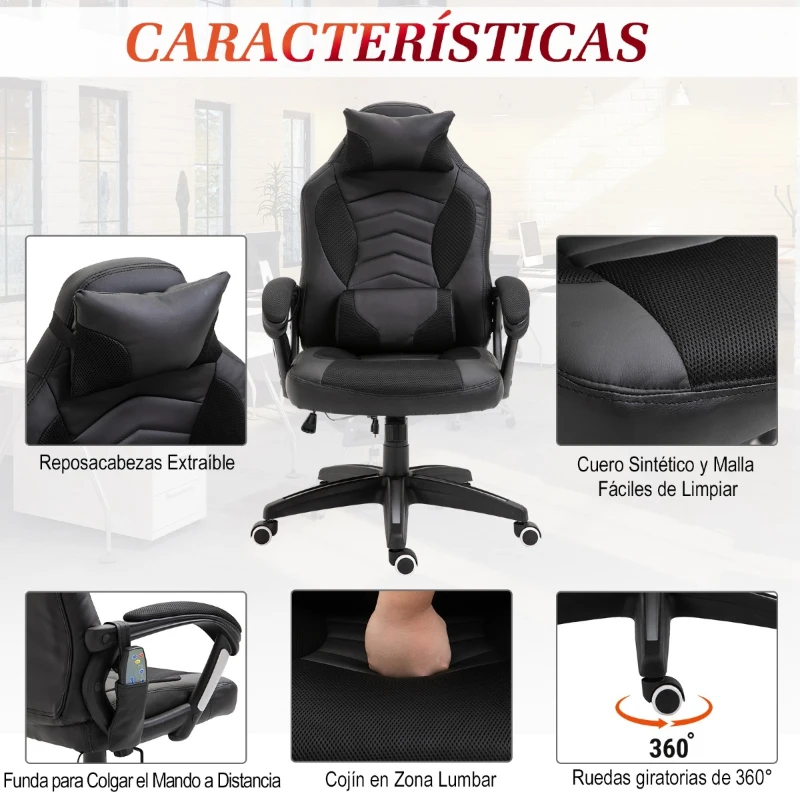 HomCom® Silla de Oficina Gaming con 6 Puntos de Masaje y Calefacción 2 Almohadas con Mando a Distancia 68x69x108-117cm Negro