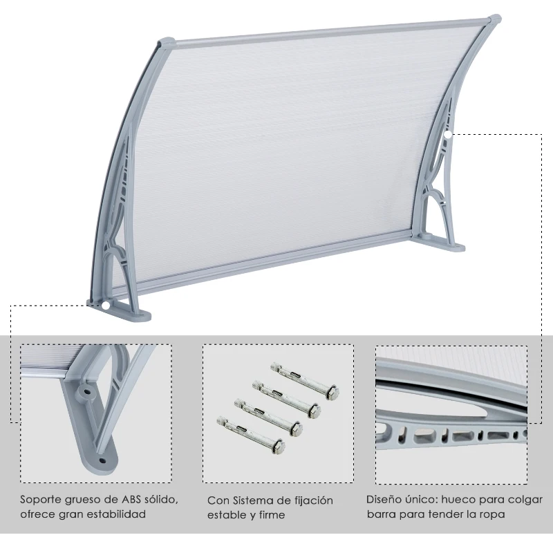 Outsunny Marquesina Techo Canopy para Ventanas Puertas Toldo Dosel Terrazas Placa de Policarbonato 5 mm Transparente Protección contra Sol y Lluvia 140cm