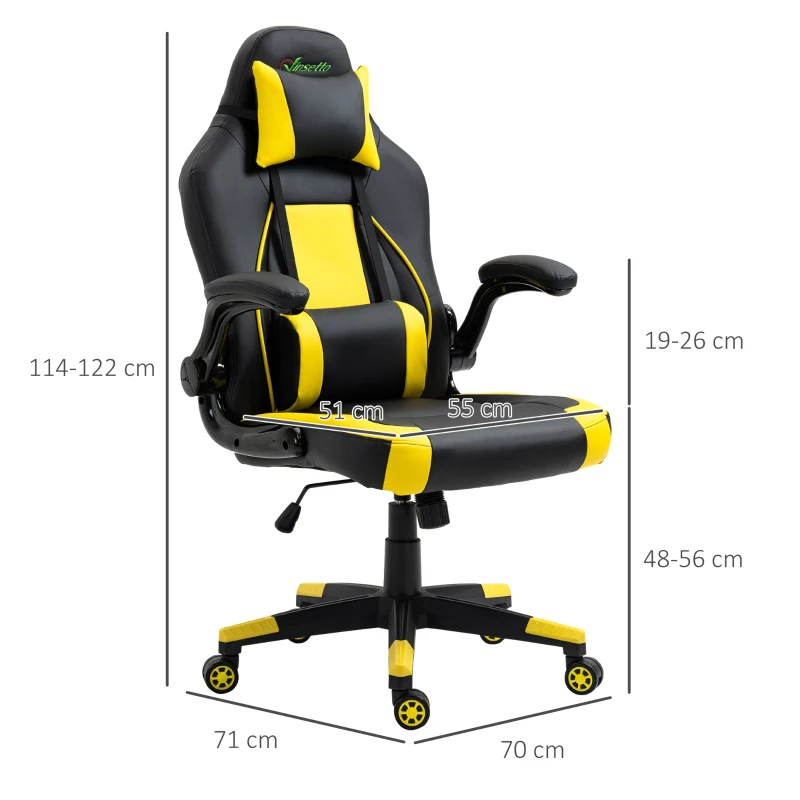 Vinsetto Silla Gaming Ergonómica Silla de Oficina Giratoria con Altura y Reposabrazos Ajustables Reposacabezas Cojín Lumbar Cuero Sintético 70x71x114-122 cm Amarillo