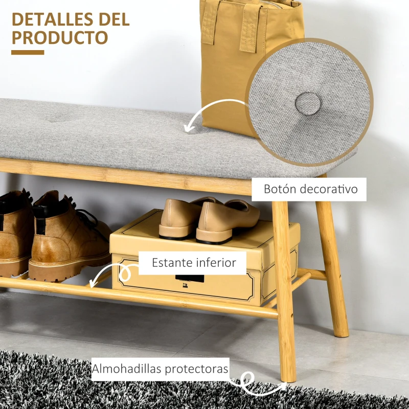 HOMCOM Banco Zapatero Moderno Mueble Recibidor de Bambú con Asiento Acolchado y Estante para Zapatos Entrada Pasillo 90x34x44 cm Color Natural y Gris