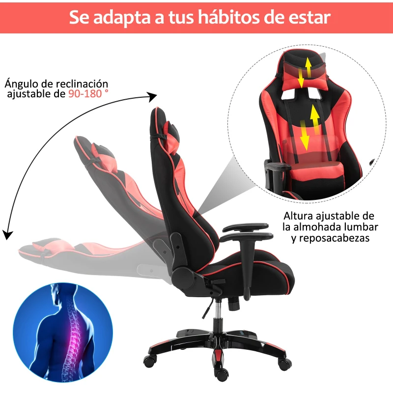 Vinsetto Silla Gaming de Ordenador Silla Gamer Profesional Ergonómica de Oficina Reclinable Altura Inclinación Ajustable 64x70x120-127cm Rojo PU