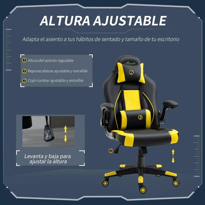 Vinsetto Silla Gaming Ergonómica Silla de Oficina Giratoria con Altura y Reposabrazos Ajustables Reposacabezas Cojín Lumbar Cuero Sintético 70x71x114-122 cm Amarillo