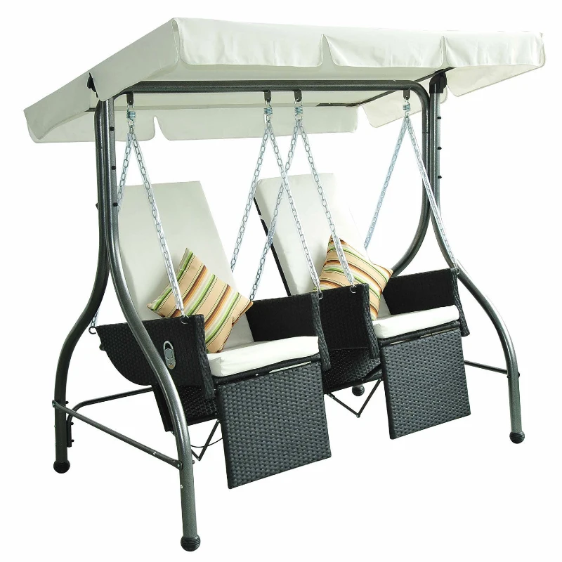 Columpio 2 Plazas 185x120x180cm Mueble Jardin Rattan con Toldo y Cojines