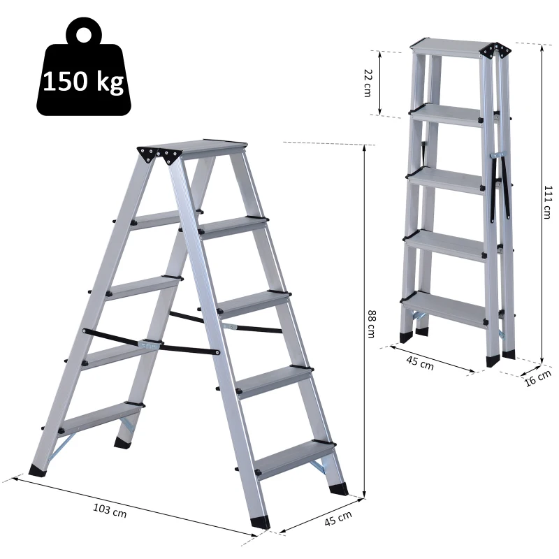 HomCom® Escalera de Tijera Aluminio Plegable Escalera Doméstica de Mano Ambos Lados 5 Peldaños