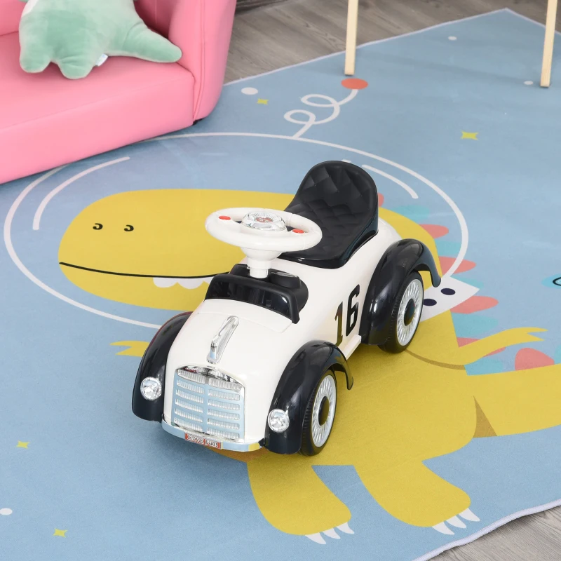 HOMCOM Coche para Bebés Mayores de 12 Meses Correpasillos para Niños en Forma de Vehículo Vintage con Sonidos y Bocina Espacio de Almacenaje 70x28,5x37 cm Blanco