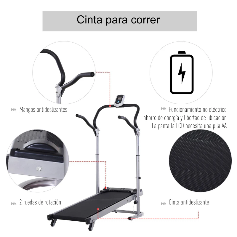 HOMCOM Cinta de Andar Manual Caminadora Plegable Portátil Pantalla LCD 3 Ángulos Reclinables Carga 150kg