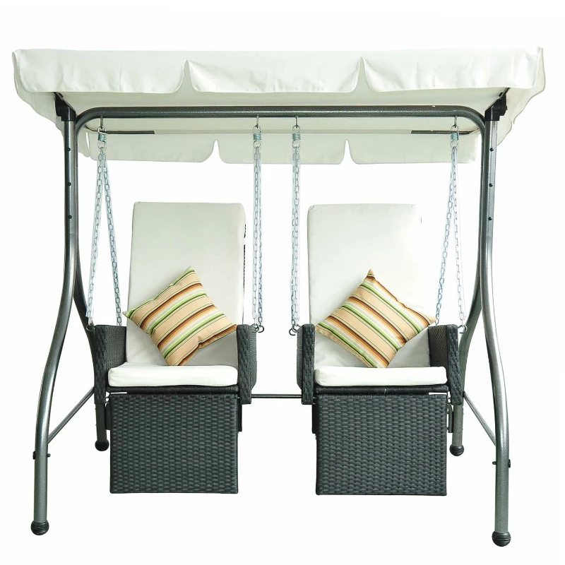 Columpio 2 Plazas 185x120x180cm Mueble Jardin Rattan con Toldo y Cojines