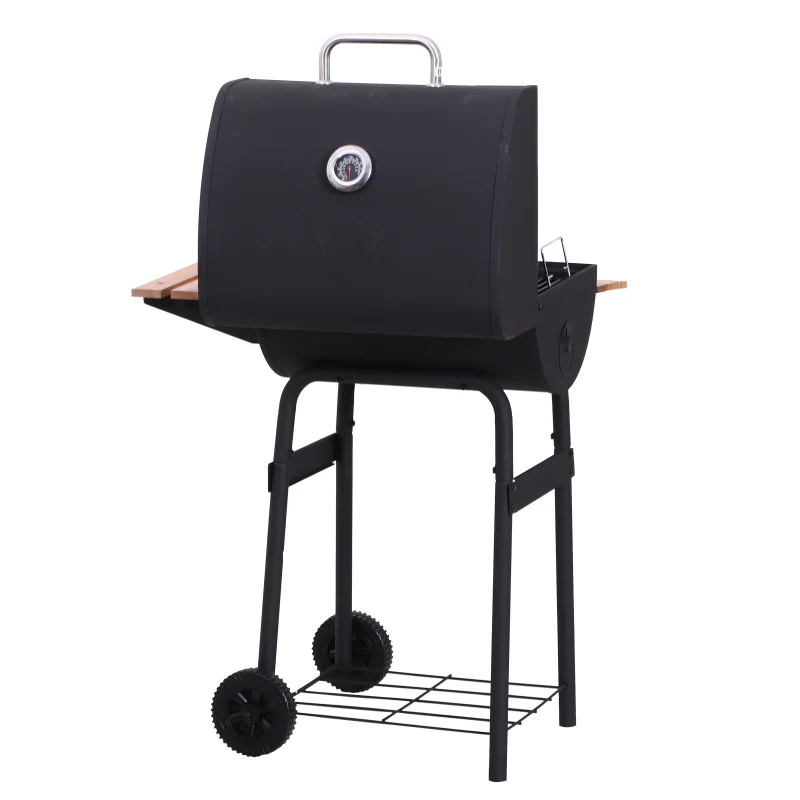 Outsunny Barbacoa de Carbón Vegetal Portátil Parilla de Carbón con Ruedas Parilla Barril Carro de BBQ 72.5x61x102cm Estantes de Madera para Jardín Exterior Picnic Acampada
