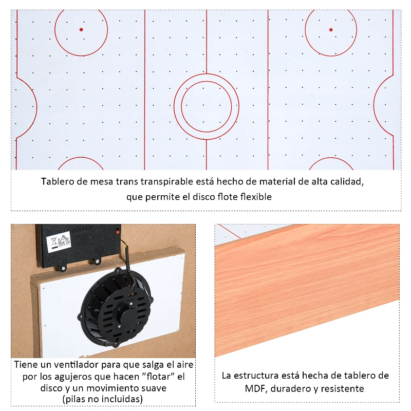 HOMCOM Air Hockey Juego de Mesa de Madera con Ventilador 2 Discos y 2 Empujadores 56x31x10.5cm