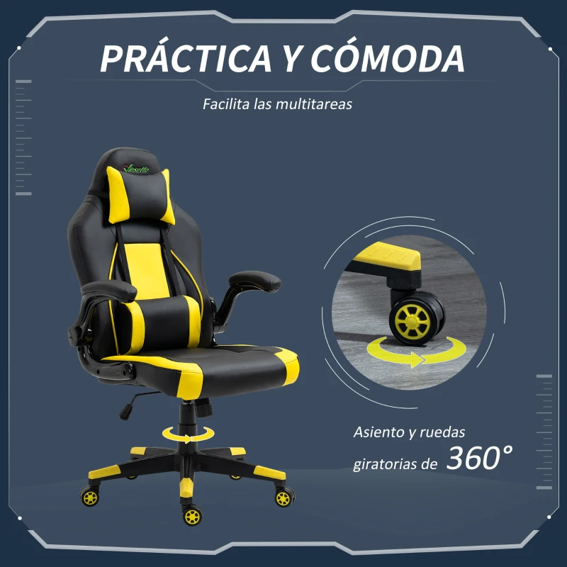 Vinsetto Silla Gaming Ergonómica Silla de Oficina Giratoria con Altura y Reposabrazos Ajustables Reposacabezas Cojín Lumbar Cuero Sintético 70x71x114-122 cm Amarillo