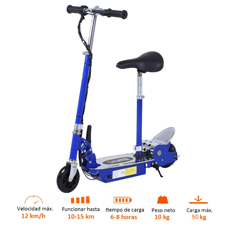 HomCom Patinete Eléctrico Scooter Plegable con Manillar y Asiento Ajustable - Color Azul - 81.5x37x96cm