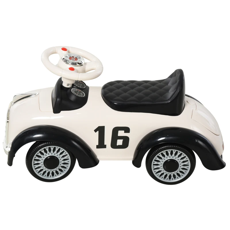HOMCOM Coche para Bebés Mayores de 12 Meses Correpasillos para Niños en Forma de Vehículo Vintage con Sonidos y Bocina Espacio de Almacenaje 70x28,5x37 cm Blanco