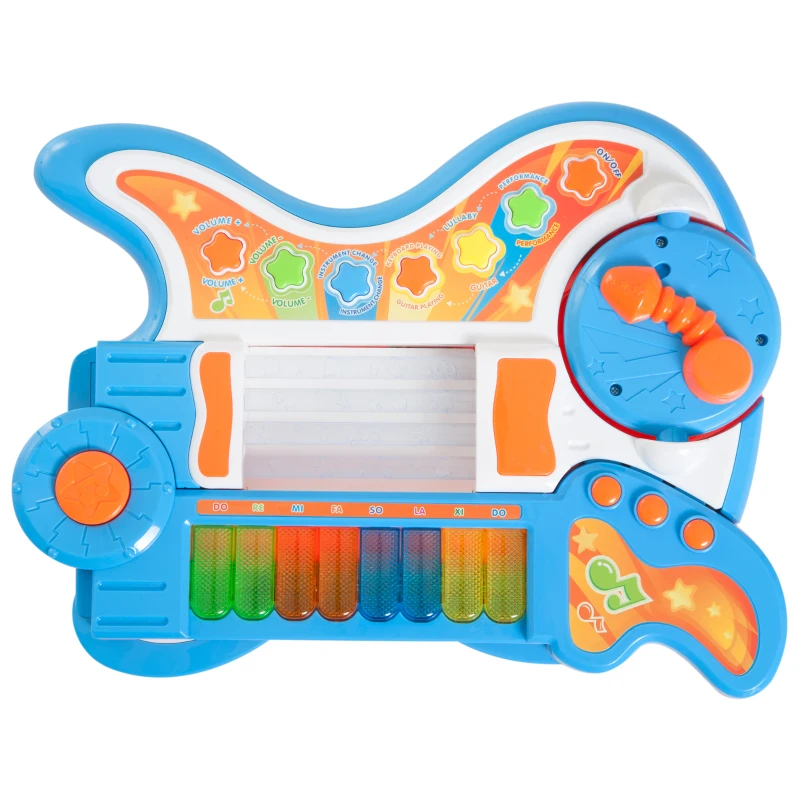 HOMCOM 4 EN 1 Guitarra Infantil Juguete Electrónico Musical Convertible en Piano Tambor Proyector con Luces Sonidos Juguete Instrumento Educativo Regalo para Niños +3 Años