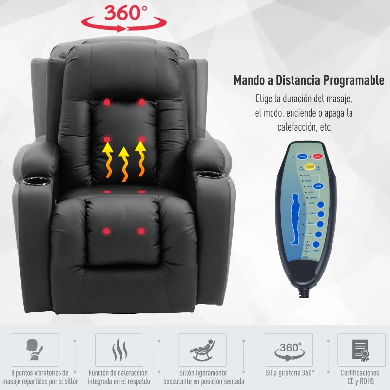 HOMCOM Sillón de Masaje Reclinable Hasta 150° Silla para Relajación con 8 Puntos de Masaje Vibrante Función de Calefacción Lumbar 90x93x103cm