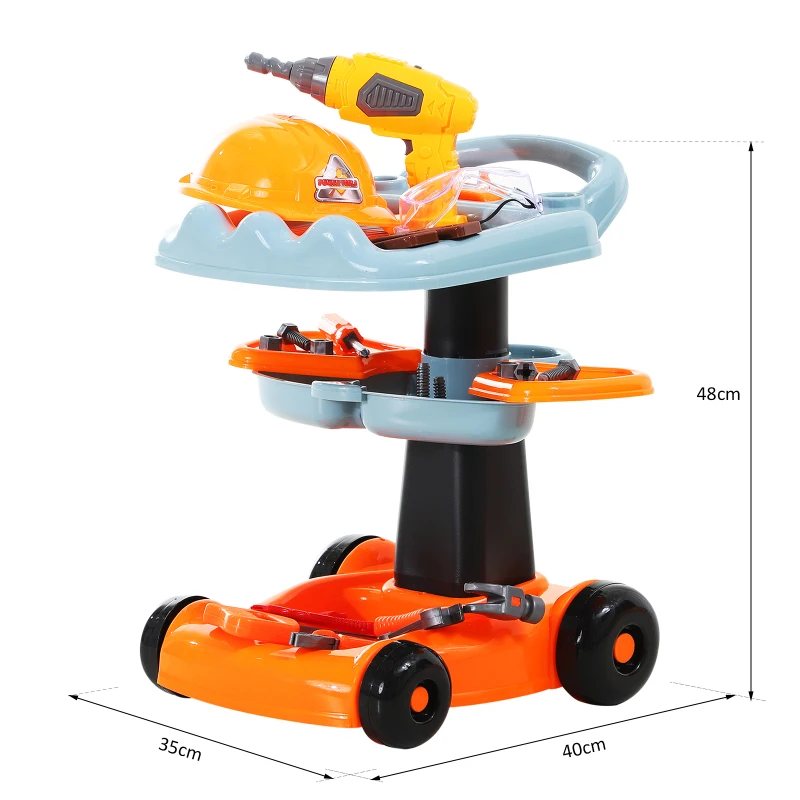 HOMCOM Carrito de herramientas para Niños Juego de Imitación con Herramientas de Construcción 29 piezas 40x35x48cm PP ABS