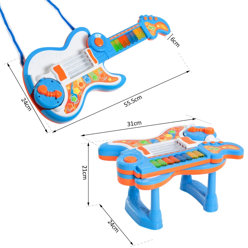 HOMCOM 4 EN 1 Guitarra Infantil Juguete Electrónico Musical Convertible en Piano Tambor Proyector con Luces Sonidos Juguete Instrumento Educativo Regalo para Niños +3 Años