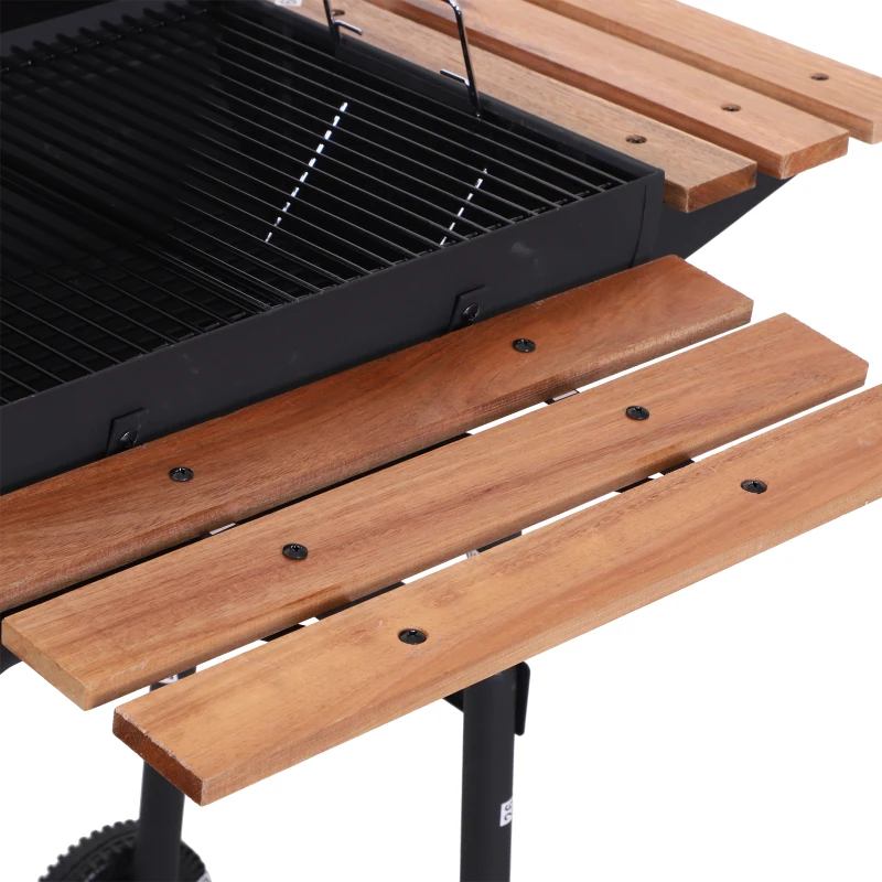 Outsunny Barbacoa de Carbón Vegetal Portátil Parilla de Carbón con Ruedas Parilla Barril Carro de BBQ 72.5x61x102cm Estantes de Madera para Jardín Exterior Picnic Acampada