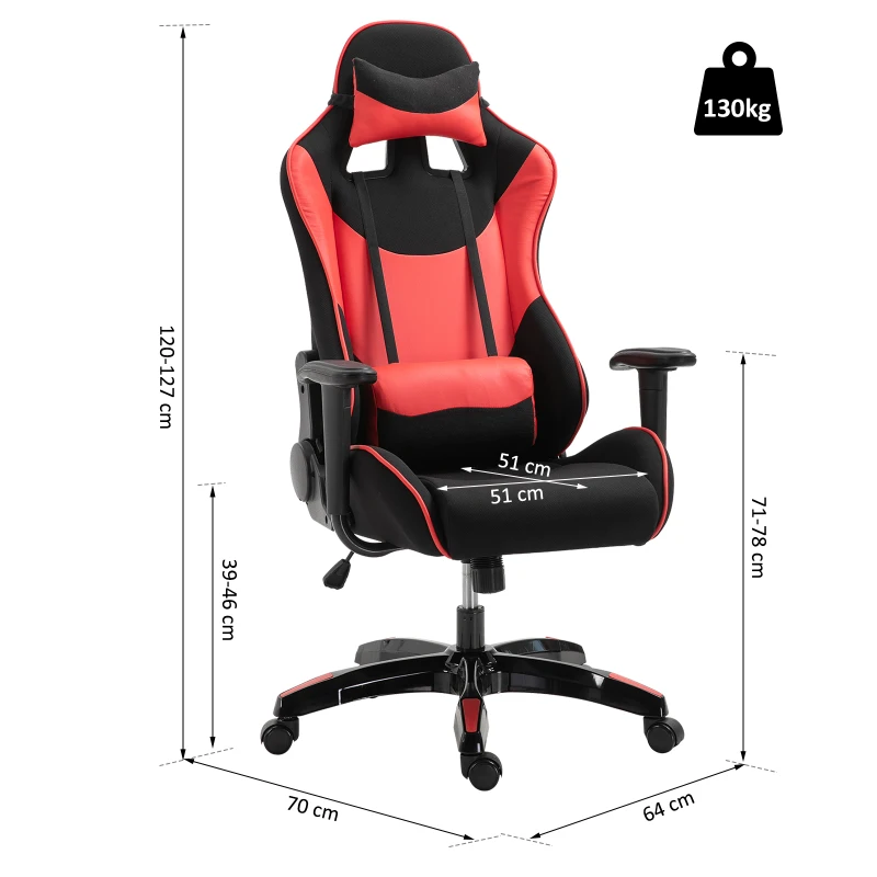 Vinsetto Silla Gaming de Ordenador Silla Gamer Profesional Ergonómica de Oficina Reclinable Altura Inclinación Ajustable 64x70x120-127cm Rojo PU