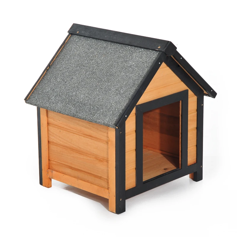 PawHut Caseta de Perro 56x60,5x66cm Madera de Abeto Barnizada Tejado Gris con Techo y 4 Patas Antideslizantes