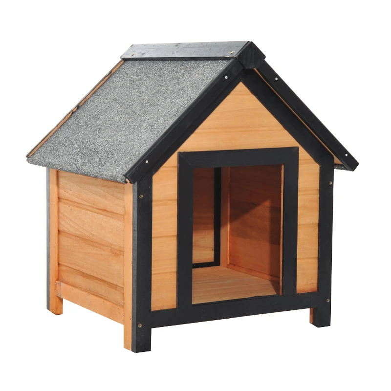 PawHut Caseta de Perro 56x60,5x66cm Madera de Abeto Barnizada Tejado Gris con Techo y 4 Patas Antideslizantes