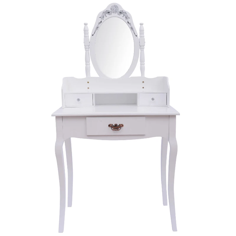 Tocador + Espejo Y Taburete Color Blanco Mueble De Maquillaje Para Dormitorio Con 3 Cajones