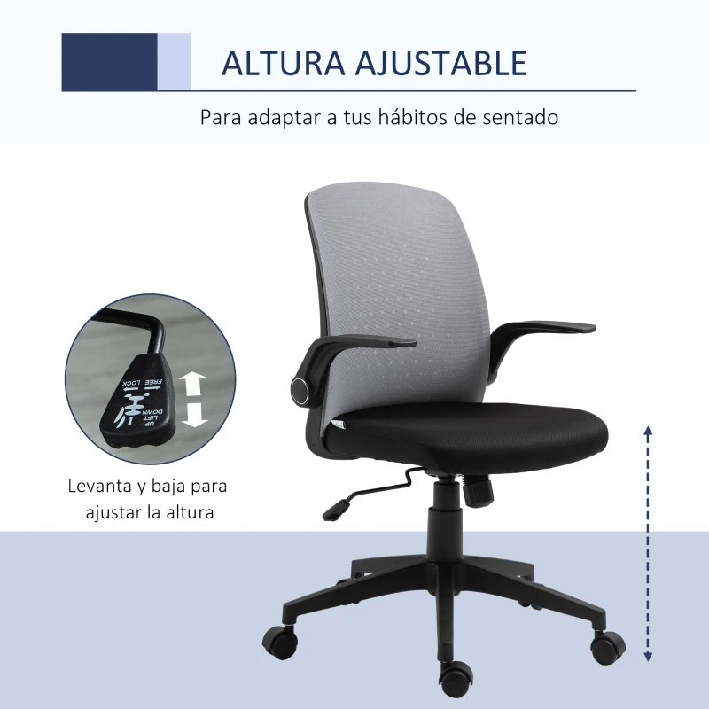 Vinsetto Silla de Juvenil Silla Escritorio Giratoria Ajustable en Altura con Reposabrazos Abatible Soporte Lumbar y Respaldo Transpirable 57x61x93-102 cm Gris