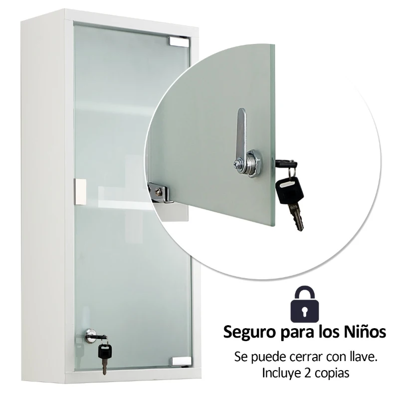 Botiquín Medicina Armario de Medicamentos de Primeros Auxilios para Colgar en la Pared Incluye Cerradura con Llave y Estantes en su Interior 27x12x57 cm Puerta de Cristal