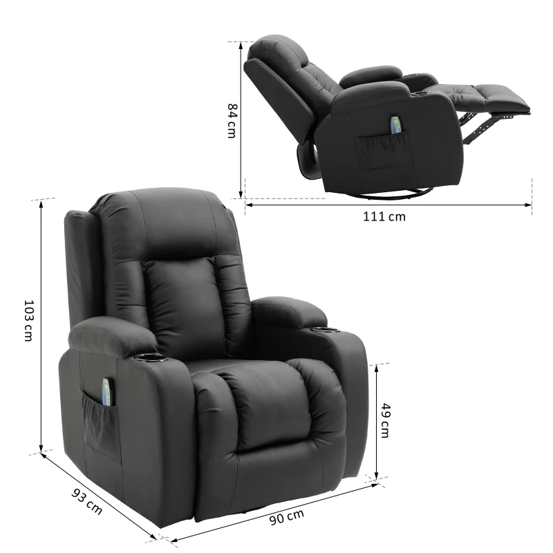 HOMCOM Sillón de Masaje Reclinable Hasta 150° Silla para Relajación con 8 Puntos de Masaje Vibrante Función de Calefacción Lumbar 90x93x103cm