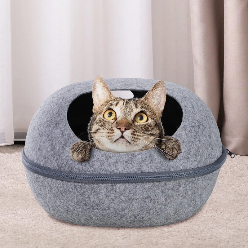 PawHut Cueva Gato Cama para Gato de Forma de Cáscara Semi-Cerrado Casa para Gatos Interior Desmontable Fieltro 47x38x24cm