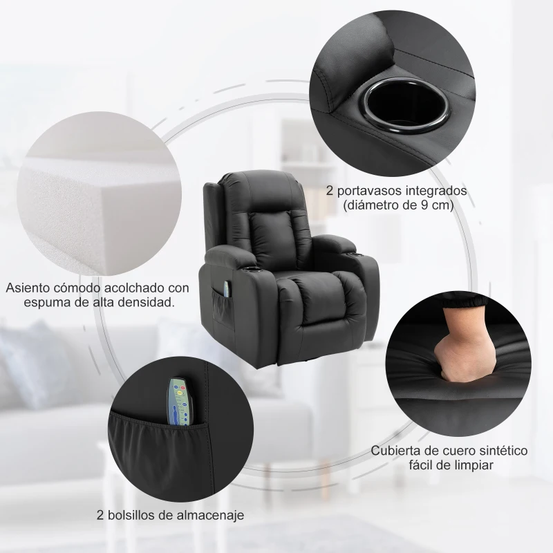 HOMCOM Sillón de Masaje Reclinable Hasta 150° Silla para Relajación con 8 Puntos de Masaje Vibrante Función de Calefacción Lumbar 90x93x103cm