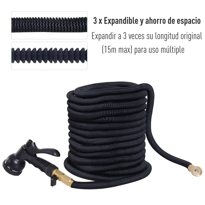 Outsunny Manguera Extensible de Jardín Manguera Flexible hasta 15m para Riego y Limpieza con 3 Veces de Maleabilidad Tubería Ampliable con 8 Modos Presión Máxima: 8bar (116psi)
