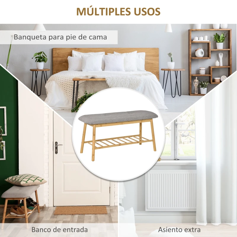 HOMCOM Banco Zapatero Moderno Mueble Recibidor de Bambú con Asiento Acolchado y Estante para Zapatos Entrada Pasillo 90x34x44 cm Color Natural y Gris