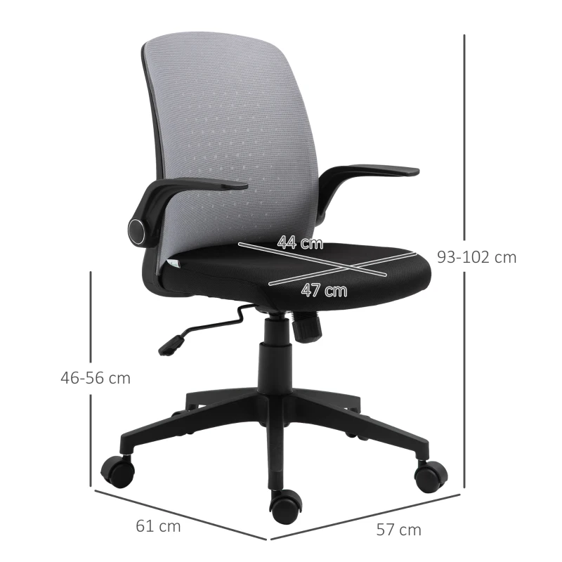 Vinsetto Silla de Juvenil Silla Escritorio Giratoria Ajustable en Altura con Reposabrazos Abatible Soporte Lumbar y Respaldo Transpirable 57x61x93-102 cm Gris